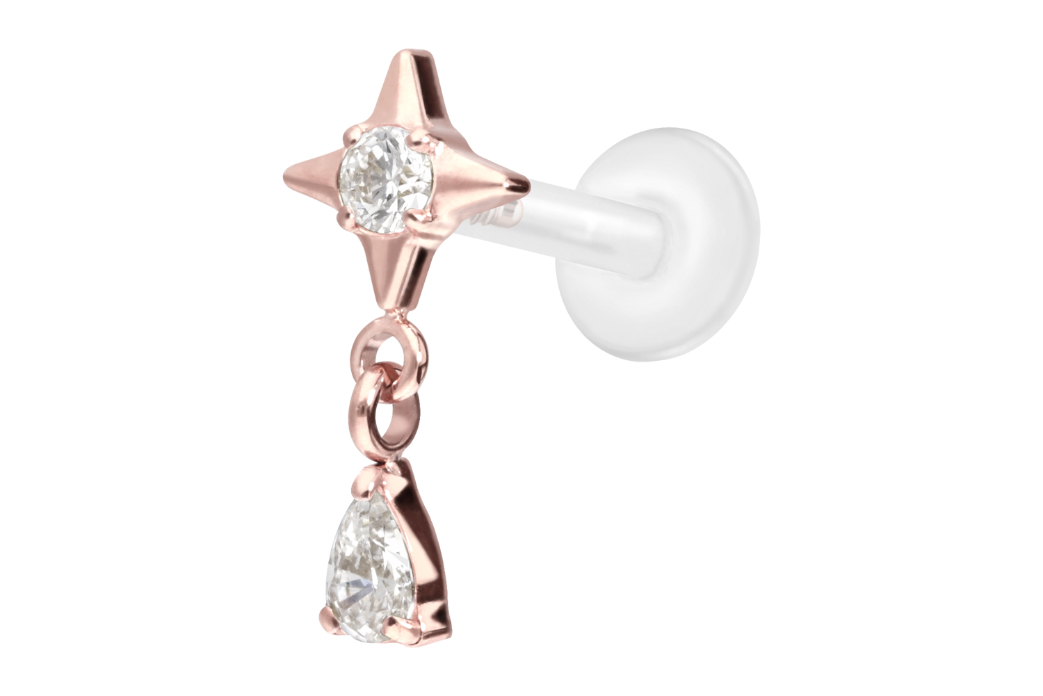 PTFE Labret Piercing mit Innengewinde + Titan-Aufsatz STERN + KRISTALLTROPFEN